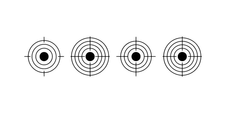 Target archery crosshair icon set with concentric circles, bullseye rings and dotted center for shooting practice