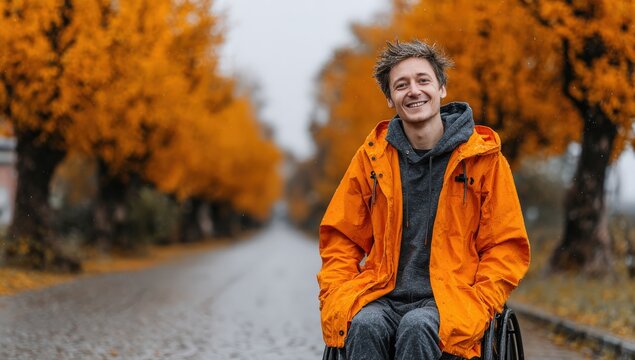Young man in an orange rain jacket smiles while sitting in a wheelchair on a wet road lined with vibrant autumn trees in a rural setting