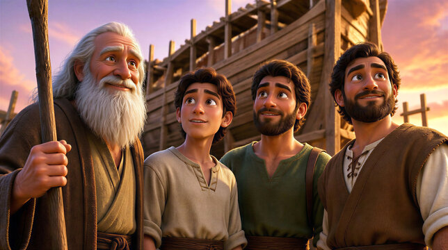 Noah building the ark together with his three sons Shem, Ham and Japheth. Biblical scene concept. 3d cartoon illustration.