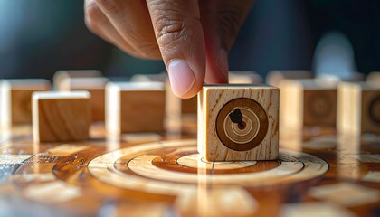 Obraz premium Hand gently places wooden block onto circular wooden board. Fingers show care, precision