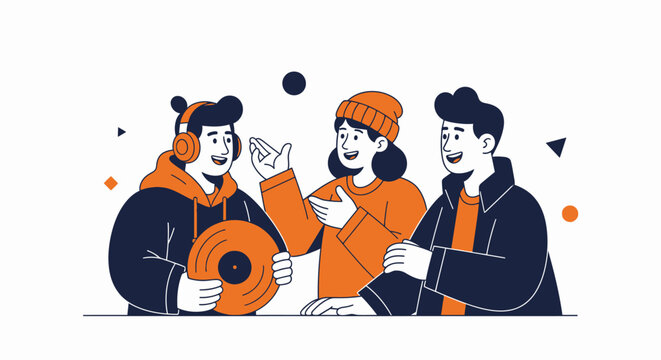 Three friends discussing music and vinyl records.