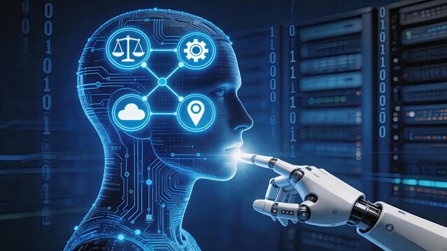 Robot finger touching digital human head profile, artificial intelligence consciousness concept, machine learning ethics, cyber security data protection, cloud computing location