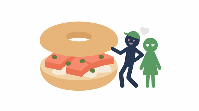 Couple standing by giant bagel sandwich with salmon