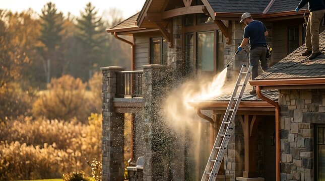 Man on ladder pressure washing the stone exterior and copper gutters of a large house with warm sunlight.