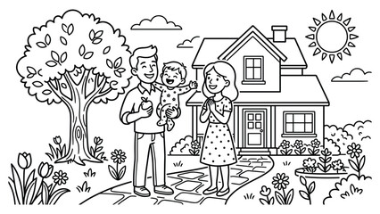 Obraz premium Happy family with baby in front of house and tree on sunny day coloring page.