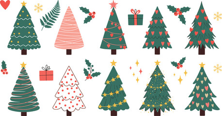 Obraz premium Hand Drawn Christmas Tree Vector Set with Cute Festive Ornaments, Stars, Hearts, Present Boxes, and Holly Berries for Winter Holiday Designs