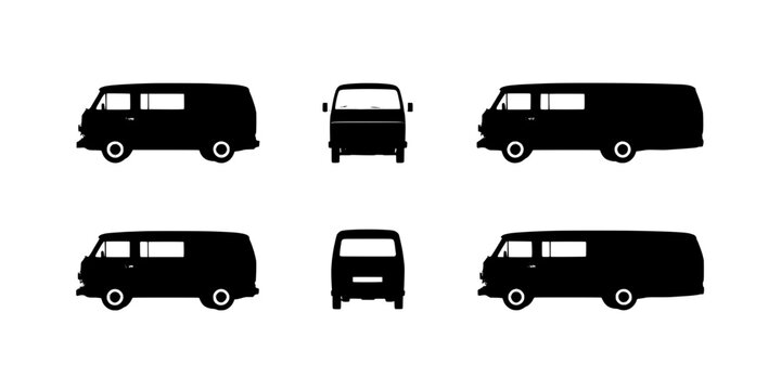 Van car transport icon set with front and side views, simple flat silhouette design for logistics and travel apps