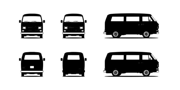 Vans classic set with black and white designs and different angles featuring transportation, vehicle, van with retro and transportation elements for
