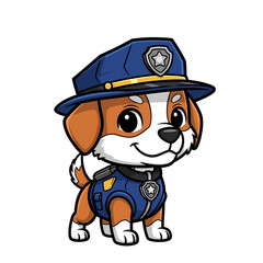 Obraz premium Cute cartoon beagle puppy mascot wearing a blue police officer uniform and hat with a silver star badge, standing and smiling, isolated on a white background, vector illustration.