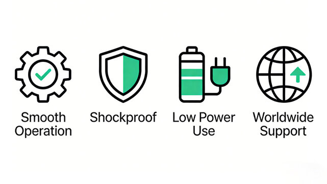 Gears, shields, battery plugs, and earth icons represent the smooth operation, drop resistance, low power consumption, and global adaptability characteristics of electronic devices.

