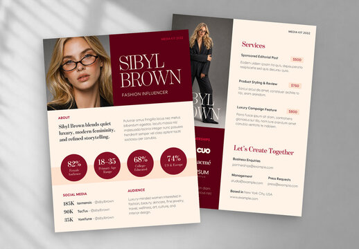 Influencer Media Kit Template, Brand Pitch Deck, Press Kit Brochure Layout & Rate Card Portfolio Document