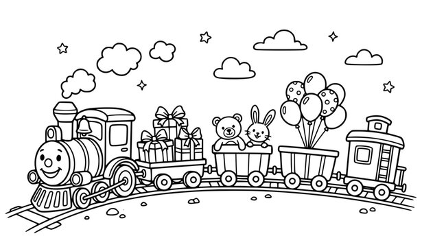 Whimsical Cartoon Toy Train Coloring Page Vector for Kids Creative Activities
