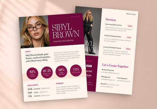Influencer Media Kit Template, Brand Pitch Deck, Press Kit Brochure Layout & Rate Card Portfolio Document