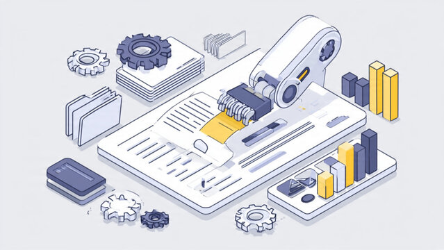Digital data processing with printer and colorful bar graphs in a modern workspace