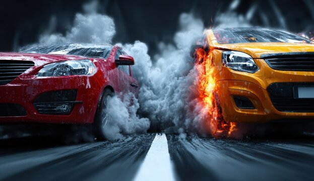Red and orange cars racing on a wet asphalt road, with smoke and flames visible, creating a dramatic and dynamic automotive scene