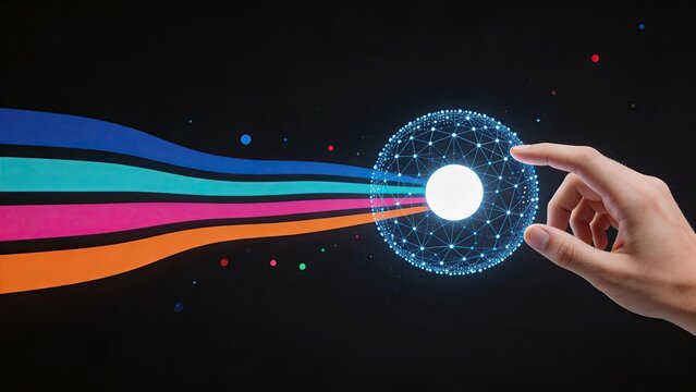 Human hand reaching towards glowing digital sphere with colorful data streams, representing connectivity, big data analysis, and futuristic human computer interaction