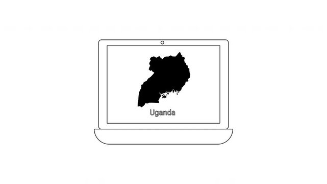 Laptop displaying the map of Uganda country outline illustration.
