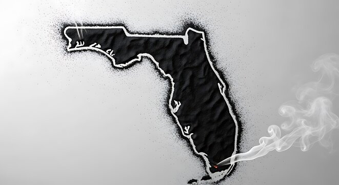 Black outline of florida map with wispy smoke effect on white background