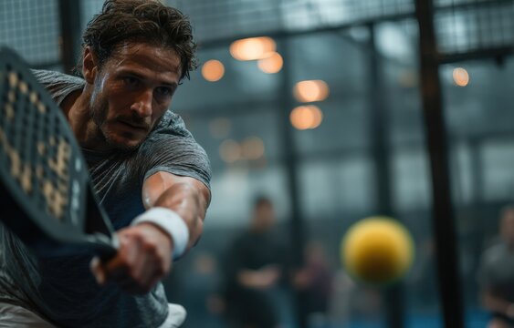 Male athlete in gray sportswear lunges to hit a yellow ball with a paddle racket during a game of padel in an indoor court with blurred spectators in the background
