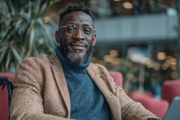 African man wearing glasses and a brown blazer smiles while seated in a modern indoor setting with greenery and soft seating visible in the background