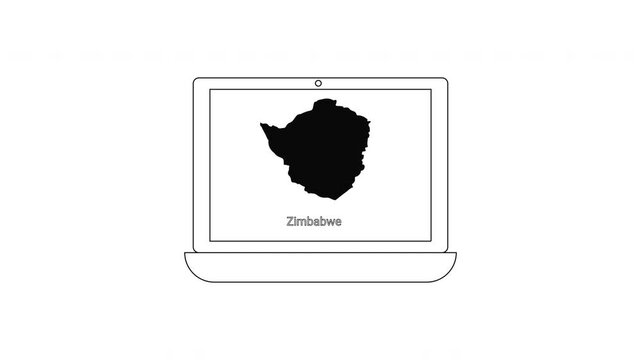 Laptop displaying the map of Zimbabwe in black silhouette.