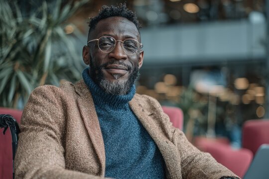 African man wearing glasses and a brown blazer smiles while seated in a modern indoor setting with greenery and soft seating visible in the background