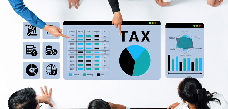 A dynamic business meeting focused on tax analysis, featuring professionals working together with graphs, charts, and data tables for effective financial strategies. Ledger