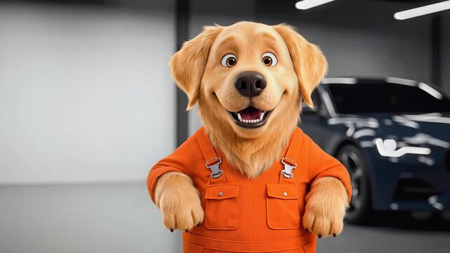 Animated golden retriever, wearing orange overalls, standing in a modern garage with a car, smiling and gesturing, symbolizing friendliness and service.