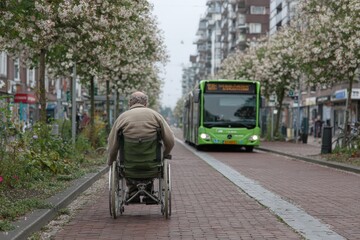 Obraz premium Elderly man in wheelchair on a brick pathway surrounded by flowering trees, with a green city bus approaching in a residential urban area