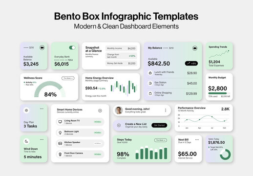 Bento Box Dashboard UI Template, Modern Analytics Widgets, Admin Panel, App Dashboard Layouts