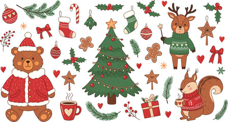 Fototapeta premium Cute Christmas Vector Elements Set with Teddy Bear in Santa Coat, Reindeer, Squirrel, Decorated Tree, Stockings, and Ornaments for Holiday Card Designs