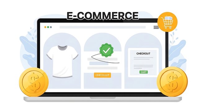 E-commerce website on laptop with coins and t-shirt checkout process