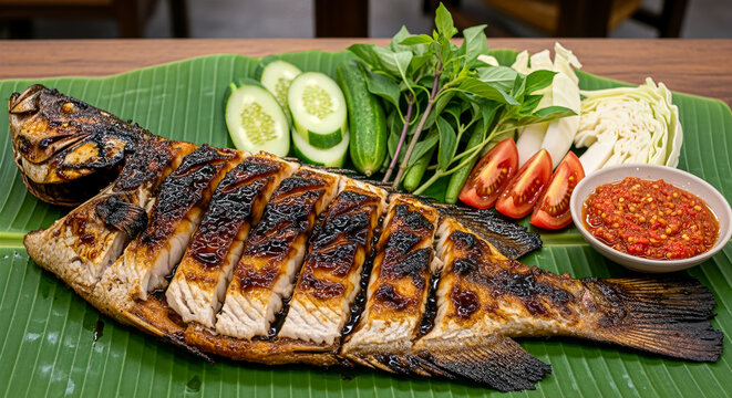 Indonesian Grilled Fish Served on Banana Leaf with Sambal and Fresh Vegetables
