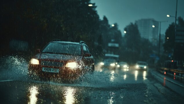 Red car splashes through large puddle on wet road during heavy rain at night, illuminated by streetlights and blurred vehicles in the background