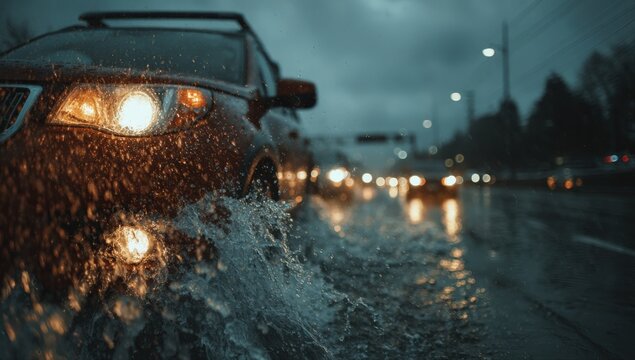 Orange SUV splashes through water on a wet road during a rainy evening, with blurred headlights of other vehicles visible in the background