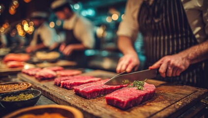 Naklejka premium Chef in striped apron slices fresh beef steaks on wooden cutting board with herbs, kitchen staff visible in blurred background, warm lighting creates inviting atmosphere