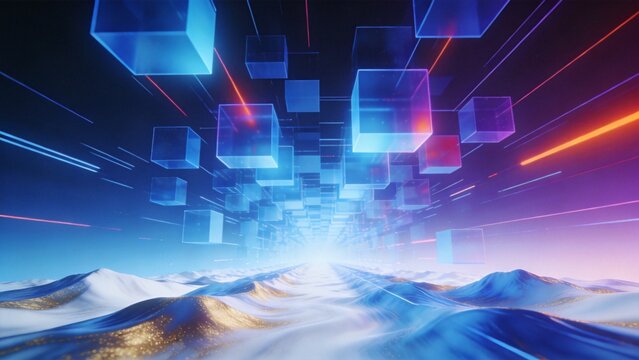 Futuristic Digital Blocks and Light Trails Above Winter Mountain Horizon