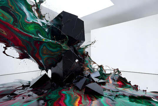 Multicolor Fluid Marble Explosion with Shattered Black Geometric Blocks, 3x2