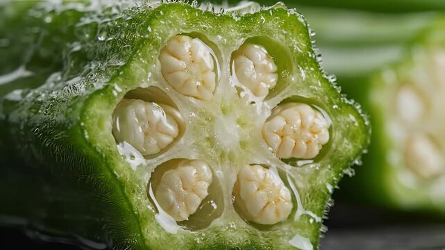 Closeup of a Fresh Okra Slice Revealing its Unique Seed Structure.
