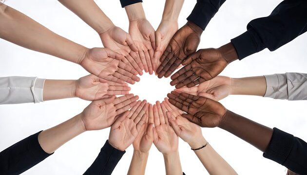 Diverse hands joining together in unity.