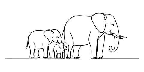 Continuous single line drawing of an elephant family with mother and two baby elephants walking together © Kanu Art_Gallery