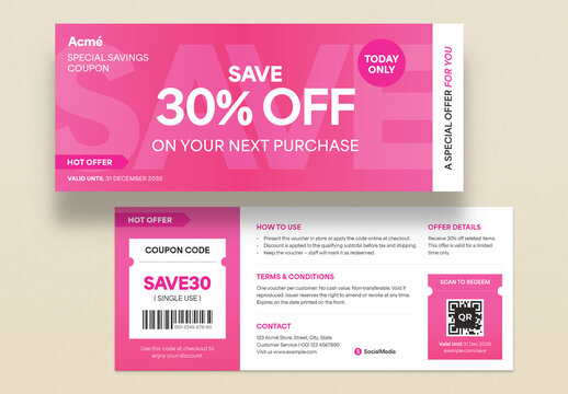 Discount Coupon Voucher Template, Promotional Gift Certificate, Retail Sale Ticket, Offer Card Layout