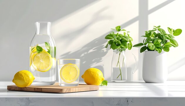 Fresh lemons and mint on table.