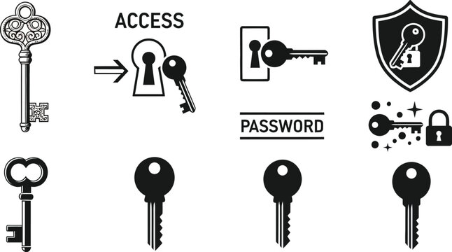 Collection of black and white and representing keys, locks, access, and password security
