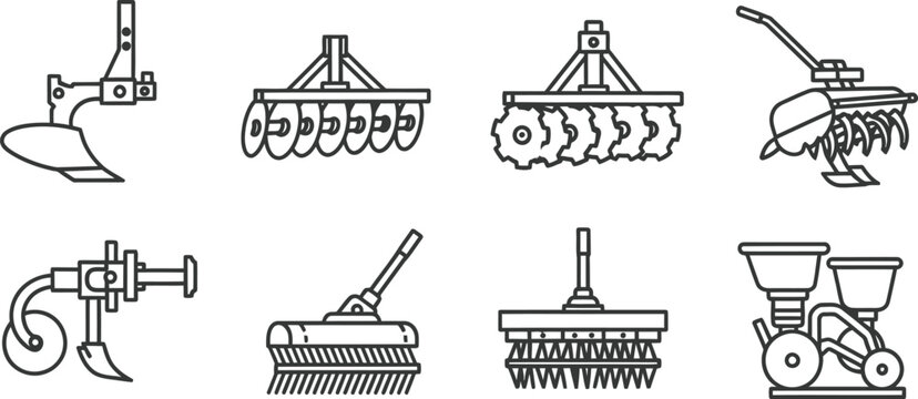 Collection of eight black and white line depicting agricultural machinery and tools agriculture farming