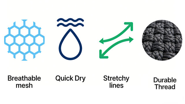 Breathable mesh, water droplets, bidirectional arrows, and woven texture icons, clothing features breathability, quick drying, high elasticity, and wear resistance, suitable for sports fabric products
