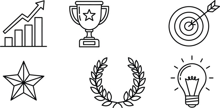 Collection of six black line bar graph with upward arrow, trophy with star, dartboard with arrow, star, laurel wreath, and lightbulb
