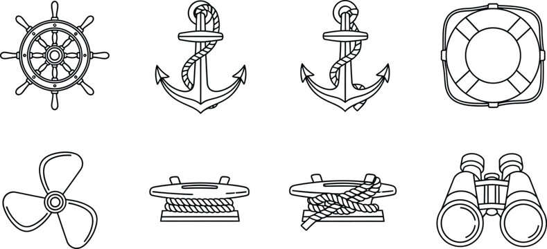 Nautical ship's wheel, anchors, lifebuoy, propeller, cleats with rope, binoculars maritime boat sailing