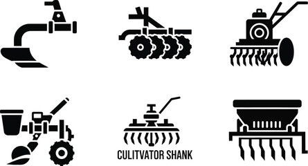 Obraz premium Set of six black depicting agricultural machinery and tools for farming and cultivation agriculture plow