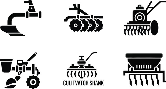 Set of six black depicting agricultural machinery and tools for farming and cultivation agriculture plow